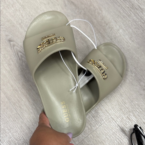 Guess Women's Beige Slide Sandals with Gold Accent - Picture 1 of 2